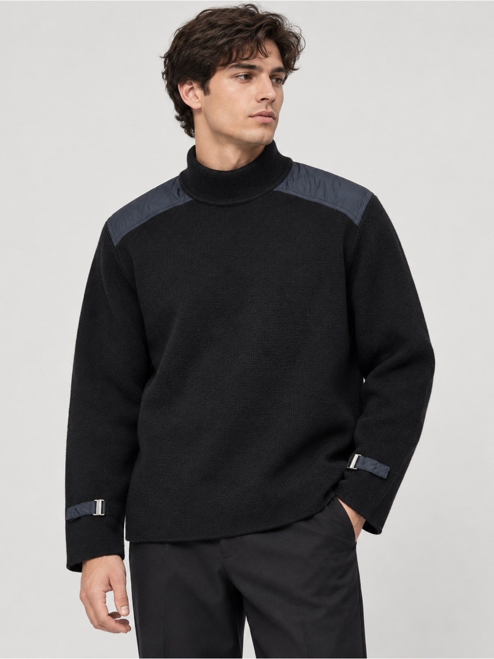 Hugo Boss Black Wool Mock Neck Sweater Contrast Shoulder Buckle Detail Men’s M